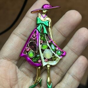 Elegant Lady Brooch with Pink and Green Gems
